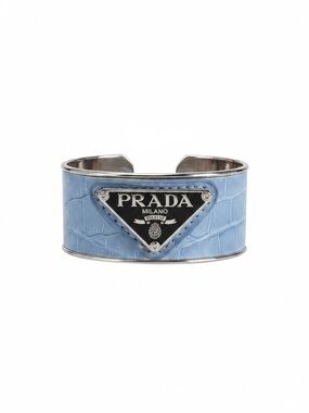 PRADA Upcycled Blue Croc-Embossed Upcycled Silver Cuff Bracelet